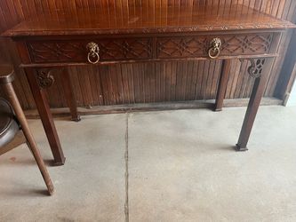 Carved Wood Console Table with Lion Ring Pulls