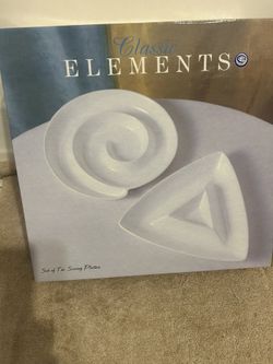 White Ceramic Two Serving Platter 12” Diameter Spiral, 12” Long Triangle (New)