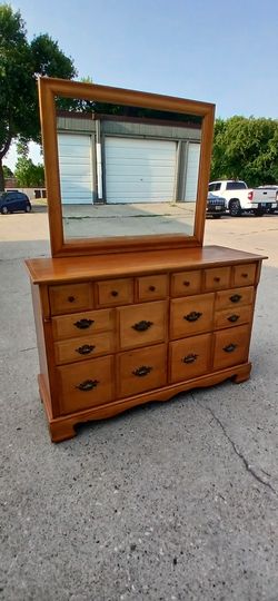Vintage Solid Rock Maple 6 Drawer Dresser With Mirror on Wheels