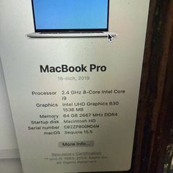 MacBook Pro Retina 16-inch (2019) - 2.4GHz  Core i9 64GB 4TB SSD 5500M  Sequoia