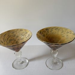 Pair Of Handblown Glass Martini Glasses Leopard Print