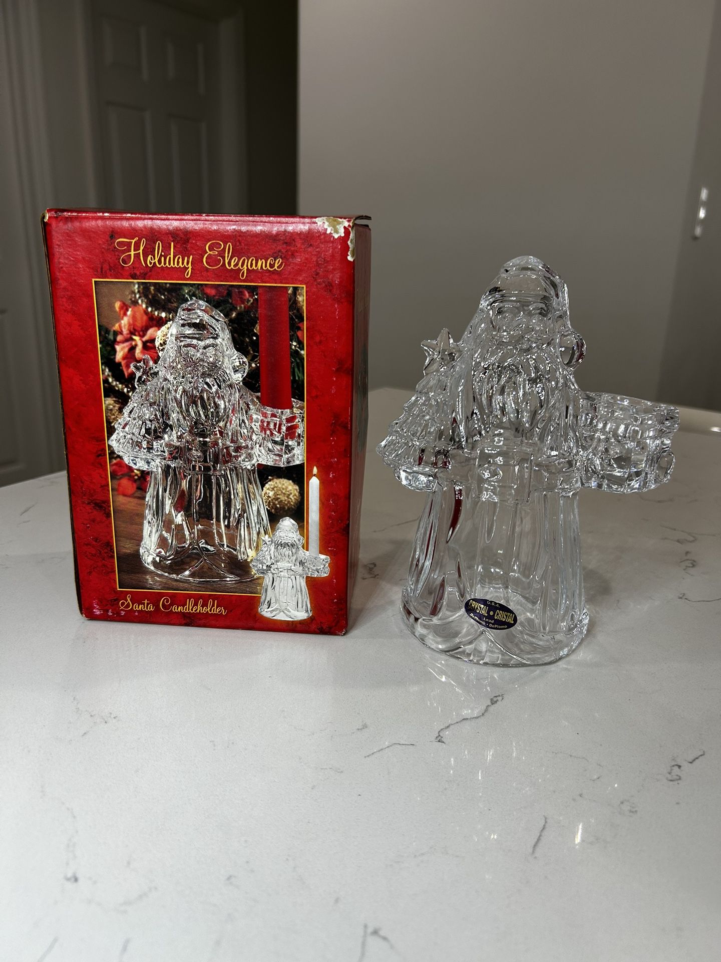Pair Lot 2 St George Fine Lead Crystal Santa Clause Candle Holder Father Christmas Holiday USA