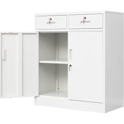 Metal Storage Cabinet, Locking Storage Cabinet with Adjustable Shelf, 36" H Metal Cabinets with 2 Drawers for Office, Garage, Home-White