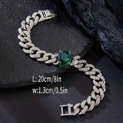 Fully Iced 14K White Gold Plated Emerald Silver Cubic Zirconia Cubic Link Men Women Bracelet 