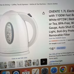 OVENTE 1.7L Electric Kettle with 1100W Fast Boiling Water, White KP72W | Best For Coffee or Tea, BPA-Free, Water Level Gauge, Auto Shut-Off, Indicator