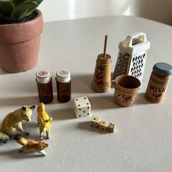 Lot of Vintage Minatures- Plastic foxes/wooden dice/ glass bottles/metal shredder