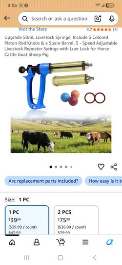 50mL Livestock Syringe, Include 3 Colored Piston Rod Knobs & a Spare Barrel, 5 - Speed Adiustable Livestock Repeater Syringe with Luer Lock for Horse 