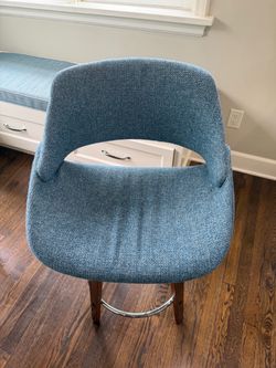 4 Blue Upholstered Bar Stools with Wood Legs