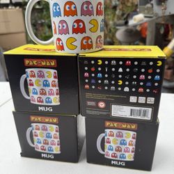 4 Pc Pac Man 11 Oz Ceramic White Mug with Ghosts Gang Design Official Licensed mug