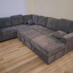 4pcs Sectional Sofa w/storage chaise,pulloutbed & usb connection