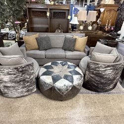 Custom 4pc Paul Robert leather and hide sofa, 2 swivel chairs and ottoman
