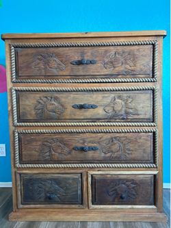 Wood dresser - Carved horse design