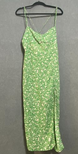 Zara Women XL Green Pink Floral Midi Slip Dress Strappy Back Side Slit Smocked