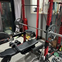 Free Weight Bench,310 Lb Weights And Curl Bar And Power Rack