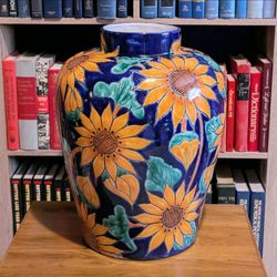 18" Vintage Mexican Hand-Painted Sunflower Ceramic Floor Vase