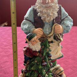 11 3/4" Vintage Christmas Santa Claus With Elf and Tree Resin