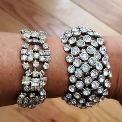 Women's Vintage Kramer of New York (Rhinestone Silver-Tone Bracelet) & Vintage (Stretch Cuff Bracelet) Silver Clear Rhinestone 