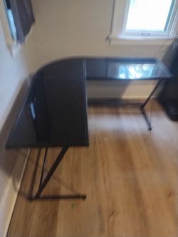 Black metal and glass top computer desk L shaped