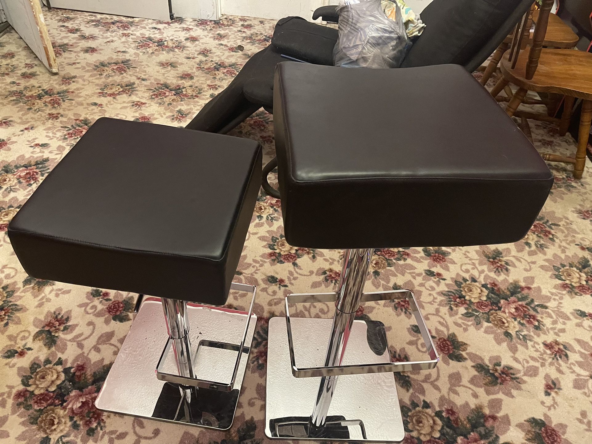 2 Black Leather Bar Adjusting Bar Stool