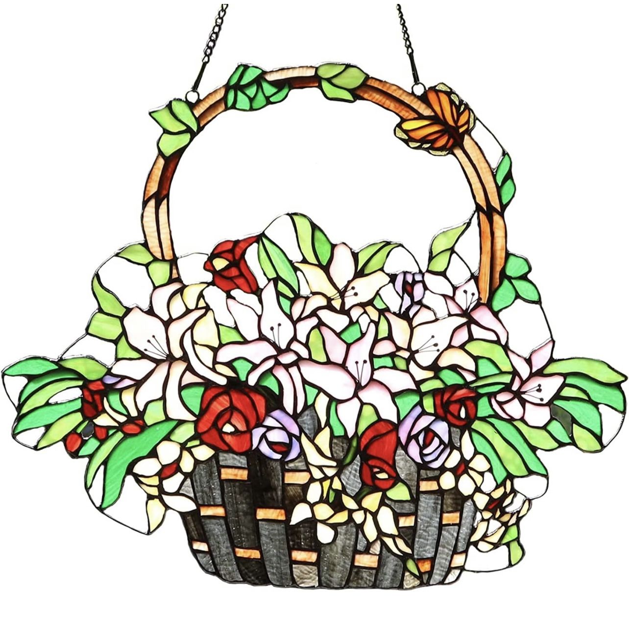 BIEYE W10037 Lily and Rose Flower Gaily Decorated Basket Tiffany Style Stained Glass Window Panel with Chain, 24" W x 20" H