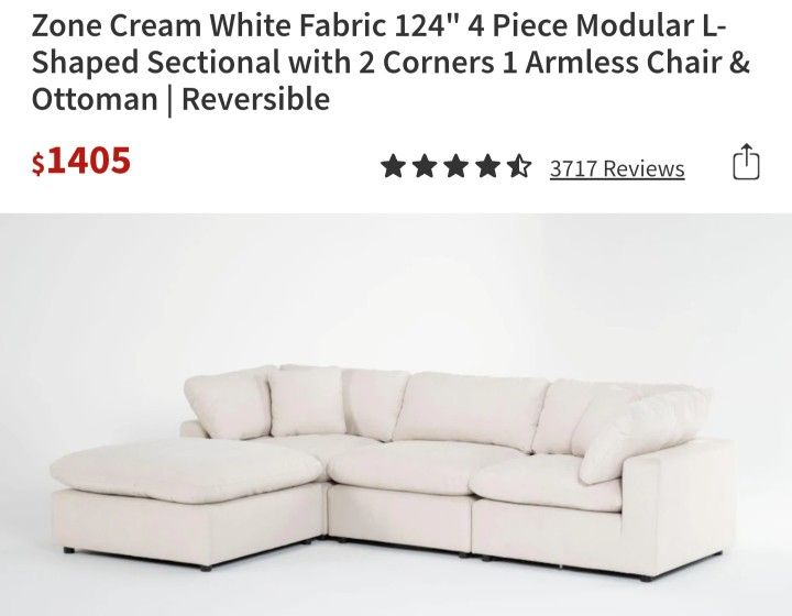 Cream White Sectional Sofa 124"