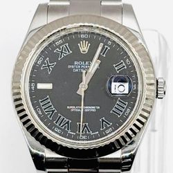 41mm 116334 Rolex Datejust II  – Black Roman Dial – Fluted Bezel – Oyster Bracelet Diamond Bezel Authentic  Discontinued Dial  Mens Automatic