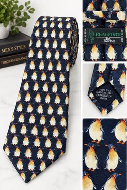 Beaufort The Rack Men’s 100% Silk Tie Dark Navy Blue Penguin Novelty Made Italy