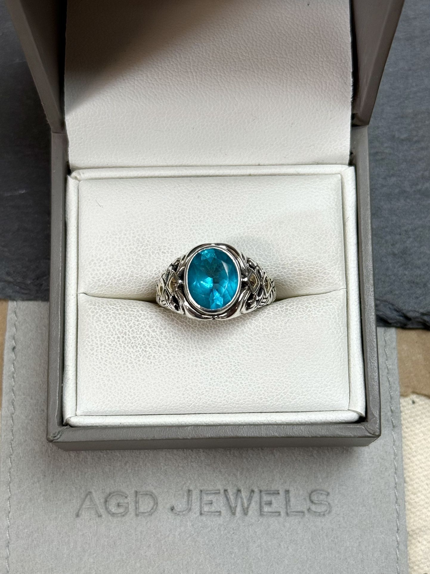 Robert Manse Sterling Silver & 18K Gold Ring w/ Teal Blue Topaz Stone