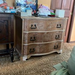 Three drawer white washed, pine, distressed, wood dresser