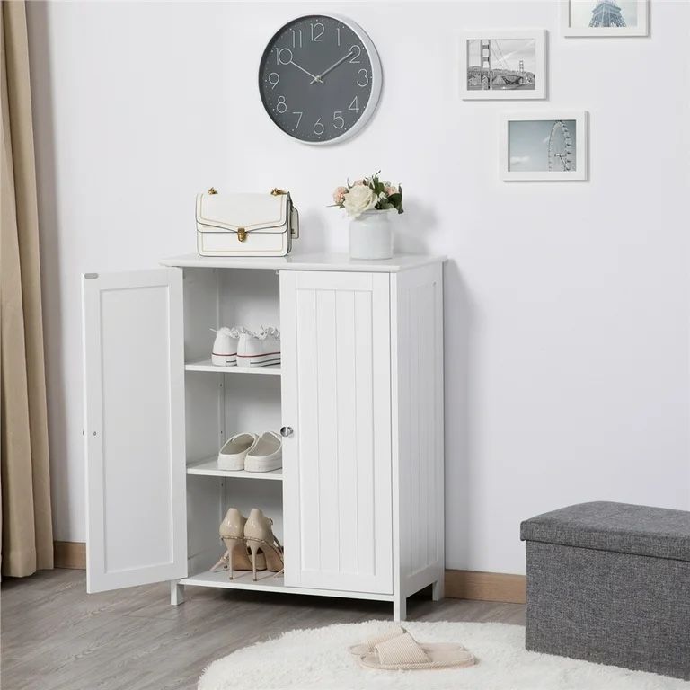 Wooden Floor Cabinet with 2 Durable Doors and 2 Adjustable Shelves White