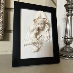 Portrait of Saint Mary holding Christ Framed 3D Ivory-Colored Relief Wall Sculpture