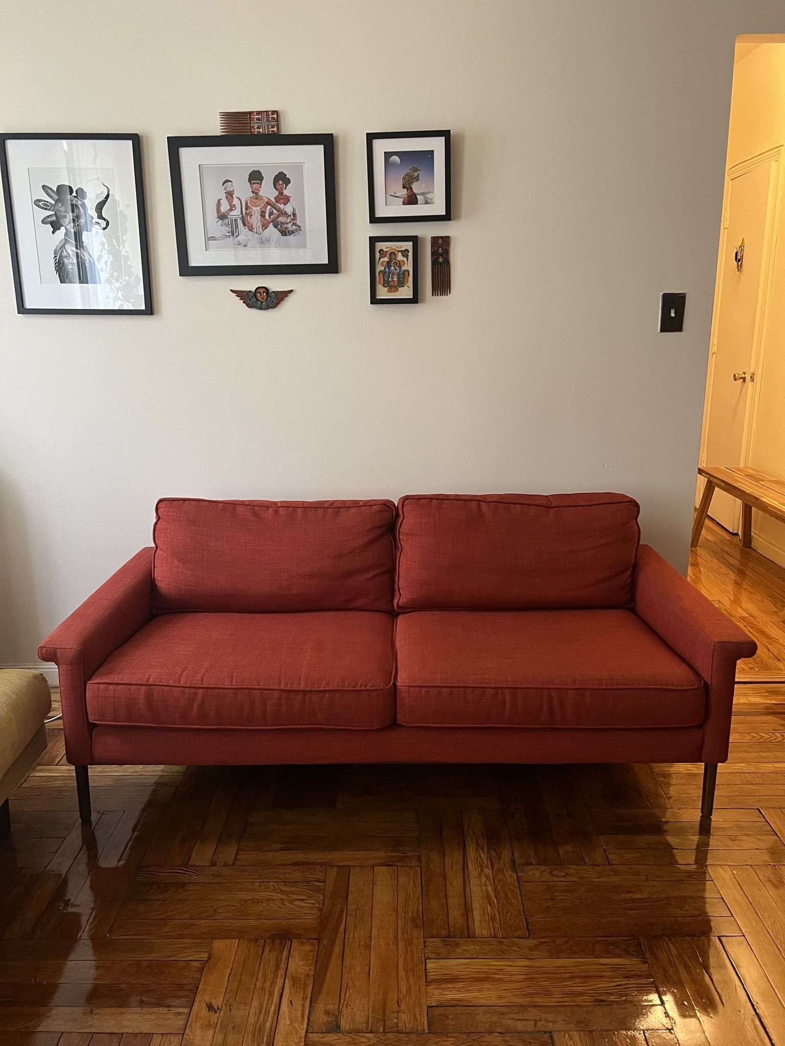 West Elm Red Leon Wood Frame Sofa MCM Style