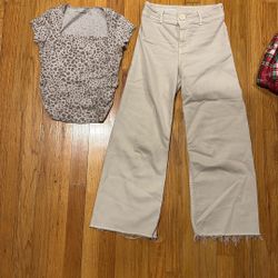 Abercrombie Leopard Shirt And Beige Wide Leg Zara Pants