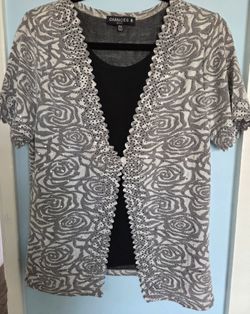 CHANCES  ARE  BLOUSE WITH ROSE DESIGN AND SEQUENCE  BLACK AND SILVER