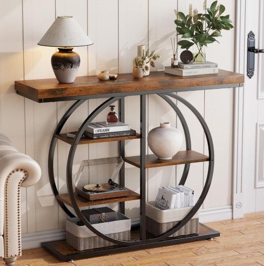 41.3" Console Table for Entryway, Industrial Hallway Sofa Table with Storage Shelves, Narrow Accent Decor Living Room Furniture with Circle Base for F