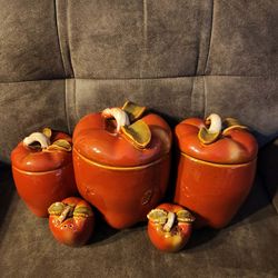 Ceramic Red Apple Farmhouse Kitchen Canister & Salt Pepper Shakers Set