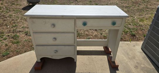 White Wooden Desk with Blue Floral Knobs