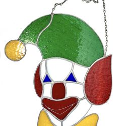 Vintage Green, Red, White & Blue Smiling Clown Stained Glass Suncatcher