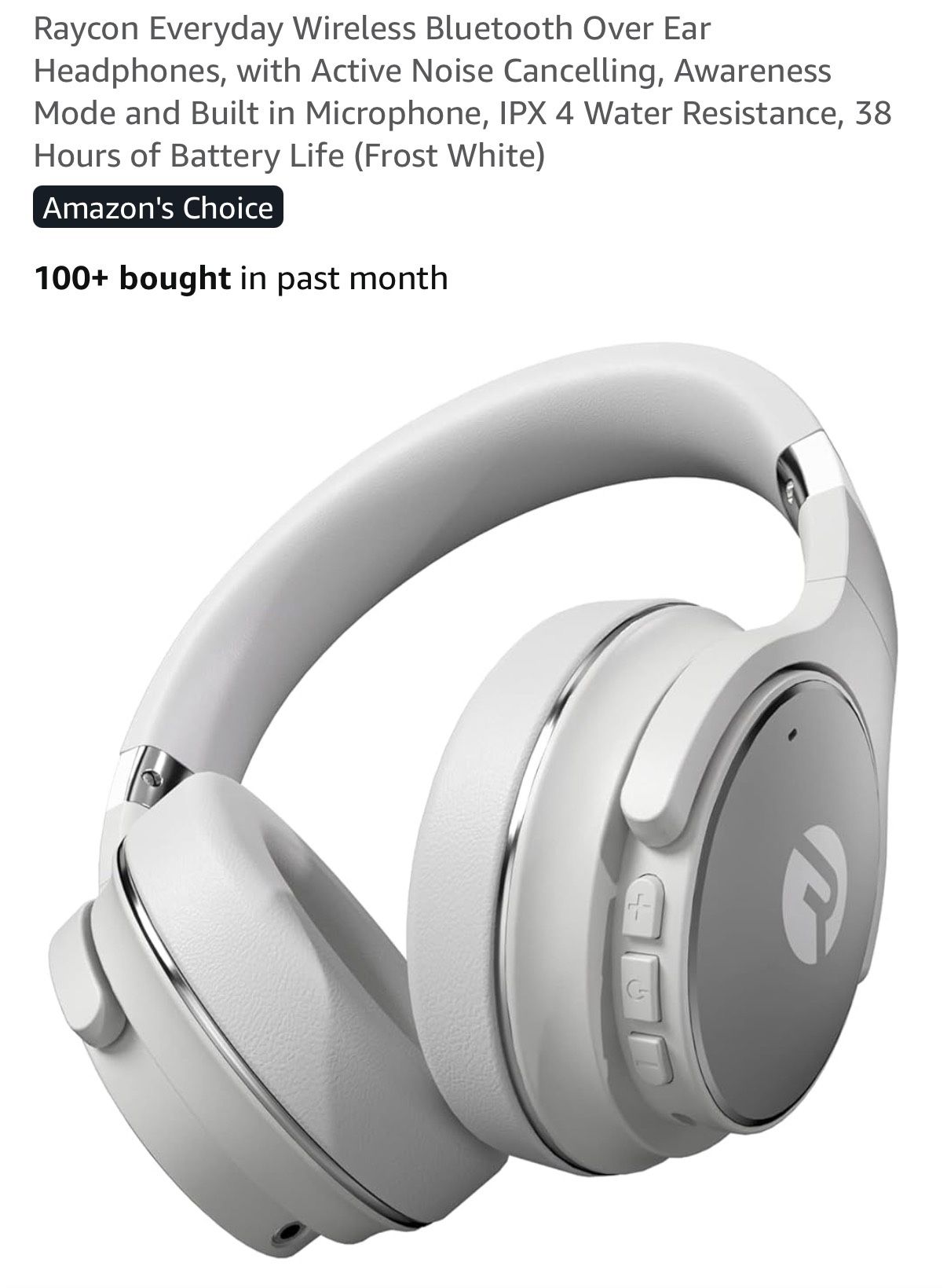 Raycon Everyday Wireless Bluetooth Over Ear Headphones, with Active Noise Cancelling, Awareness Mode and Built in Microphone, IPX 4 Water Resistance,