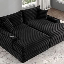 Brand New Black Super Plush Chenille Double Chaise Lounge Sofa