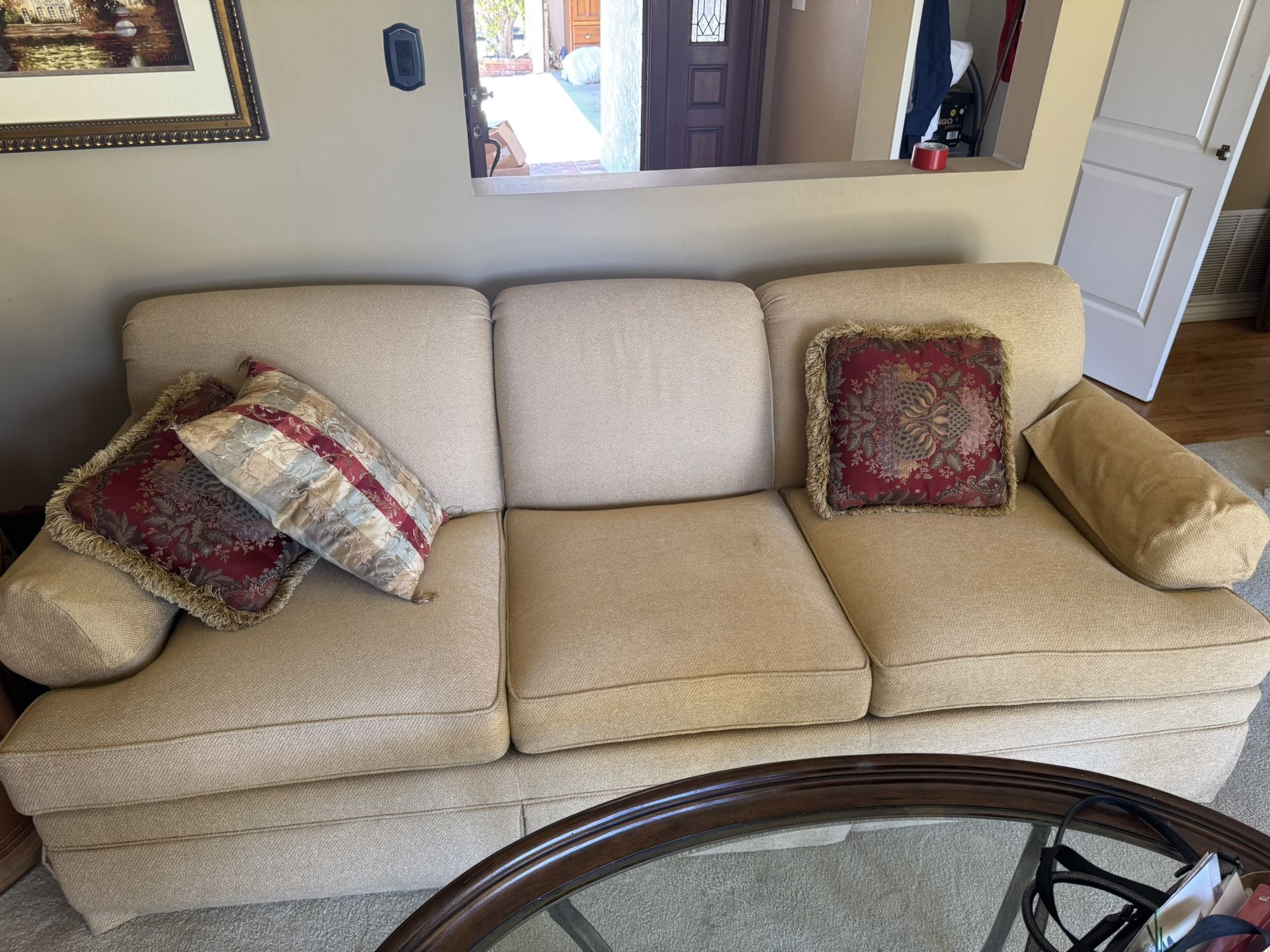 Cream Colored Couch 3 Section Sofa with Pillows 86" x 39"