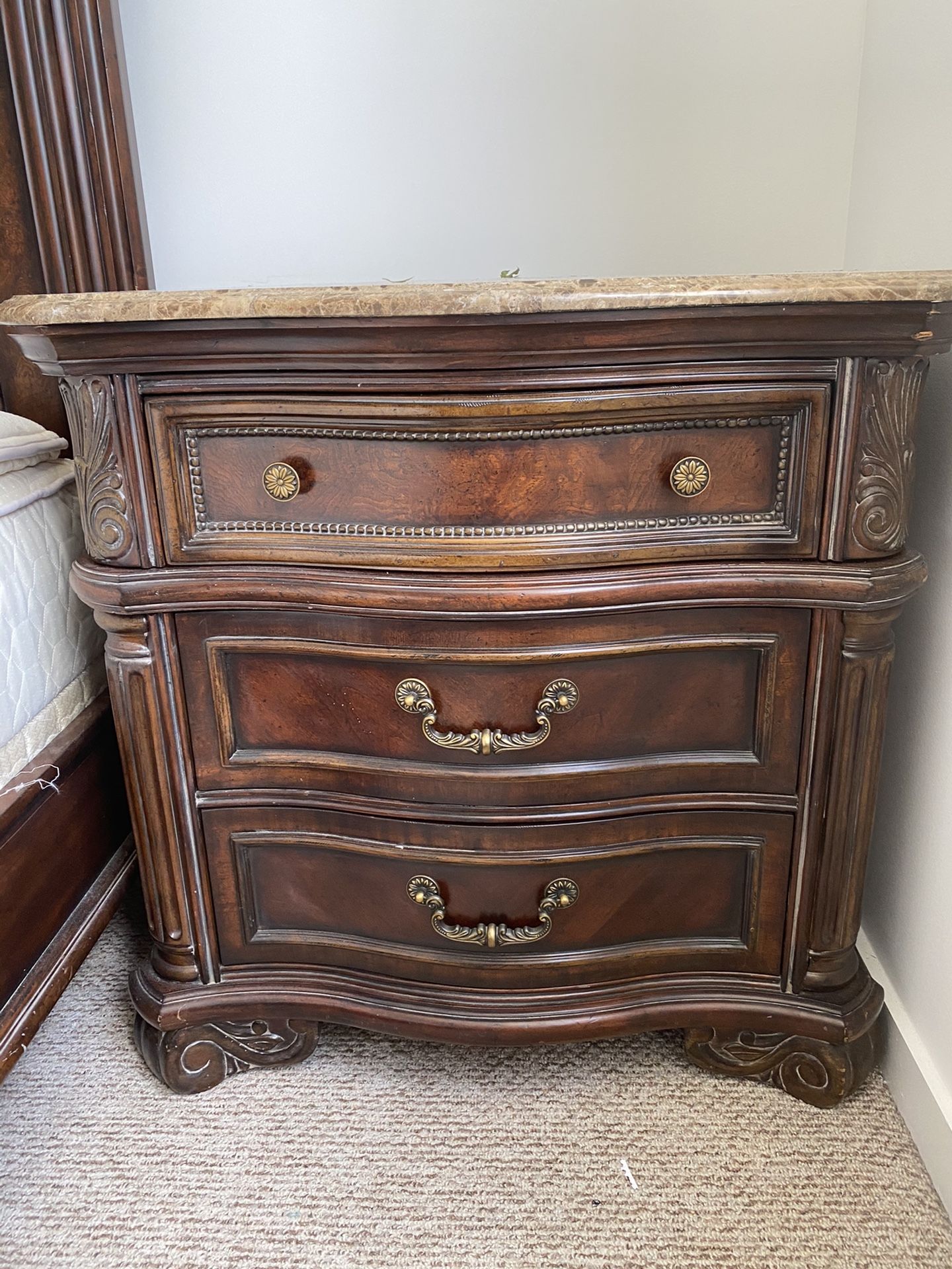 **Kevin Charles** 5 PIECE BEDROOM SET w marble top nightstands !! SOLID WOOD KING SIZE for Sale