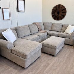 Fast Delivery Available — Cream Modern 3pc U Sectional Couch with Chaise & Storage Ottoman