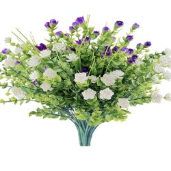 7Bunches of Artificial Flowers Plastic UV-Resistant Patio Decoration, Fake Plants for Outdoor and Indoor (White, Purple)