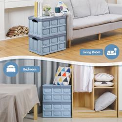 Homde Pack of 2 Collapsible Storage Bins with Lid Crates Plastic Tote Storage Box Container (Blue, Large)