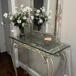 Beautiful Matching Wrought Iron Accent Table with Beveled Glass Mirror