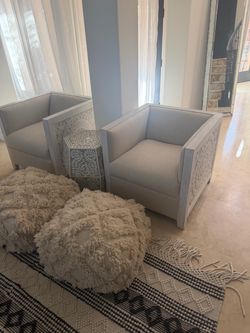 Pair of Carved Whitewash Wood Frame Chairs