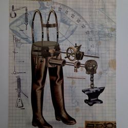 The image is a surrealist collage that combines various elements, including: 
A figure wearing tall boots and a harness