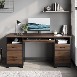 59” Computer Desk with 4 Drawers, Office Desk with Storage, Industrial Executive Desk with File Drawer, Keyboard Tray & 2 Pedestals for Home Office & 
