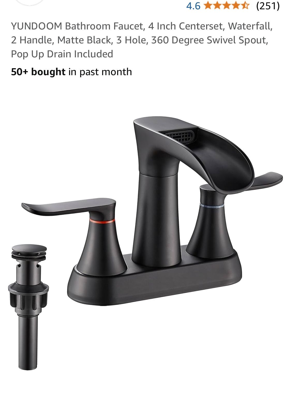 Faucet Bathroom,4 Inch Centerset, Waterfall, 2 Handle, Matte Black,Pop Up Drain